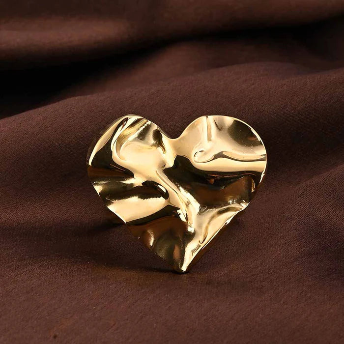 Molten Textured Heart Statement Ring - Anti-Tarnish Gold Plated
