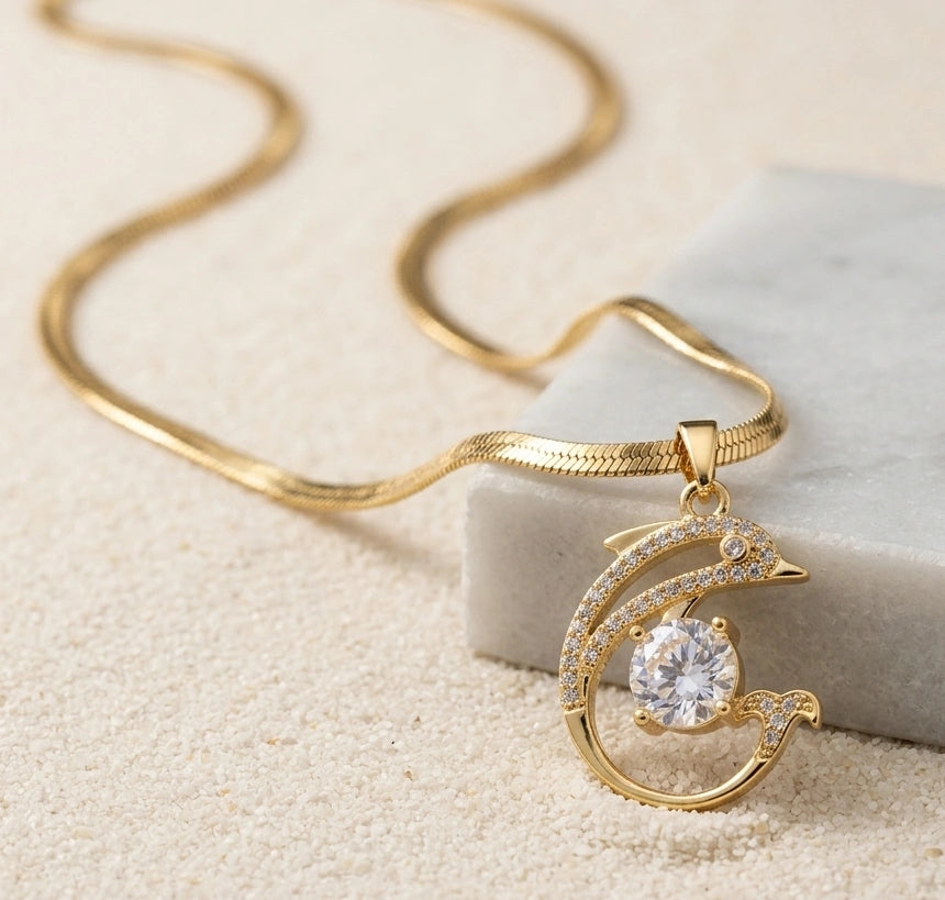 Crystal Crescent Pendant Anti-Tarnish Necklace | Herringbone Chain