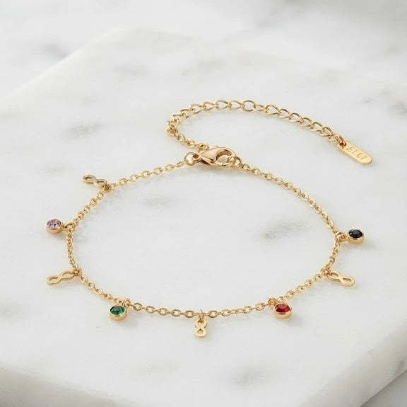 Infinity Charm & Multi-Color Stone Bracelet - Anti-Tarnish Gold Plated