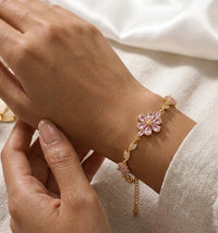 Tulip Pink Blossom Floral Vine Anti Tarnish Gold Plated Bracelet