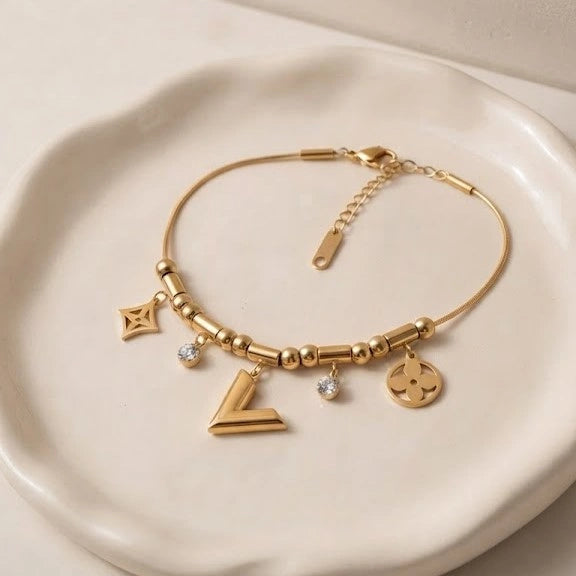 Anti-Tarnish Gold-Plated V-Charm Beaded Bracelet for Women