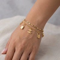 Layered Lock Charm Bracelet - Anti-Tarnish Gold Plated