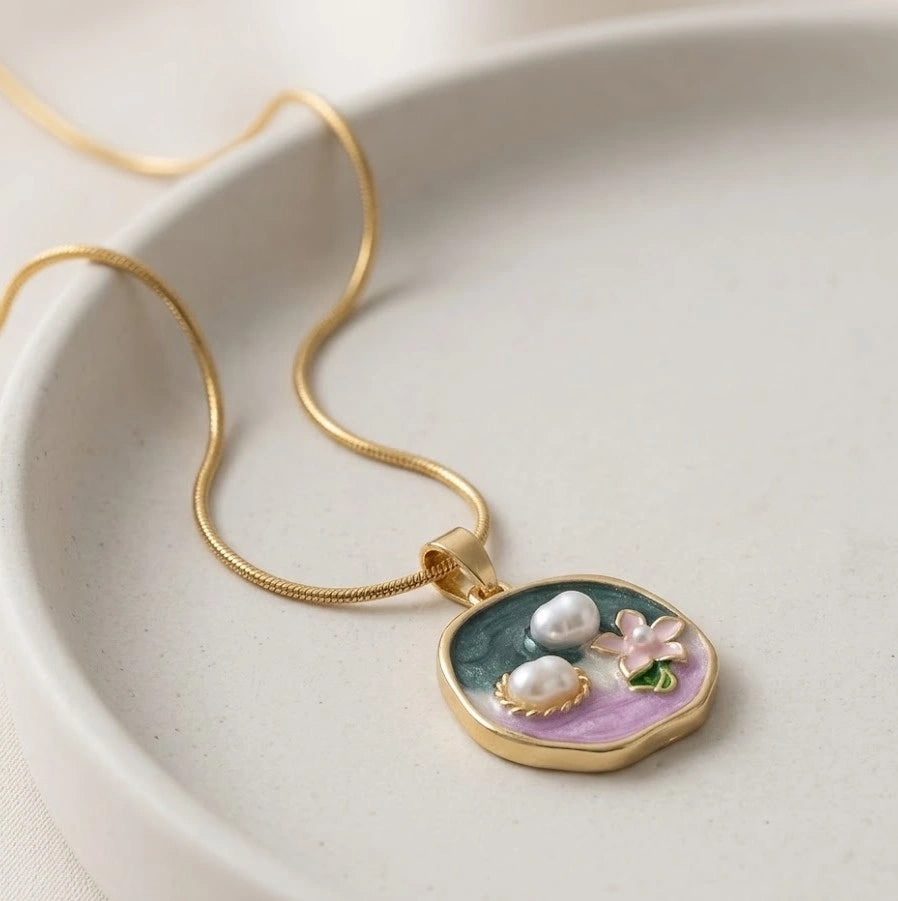 Korean Aesthetic Floral Enamel Pearl Pendant Necklace - Anti-Tarnish Gold Plated