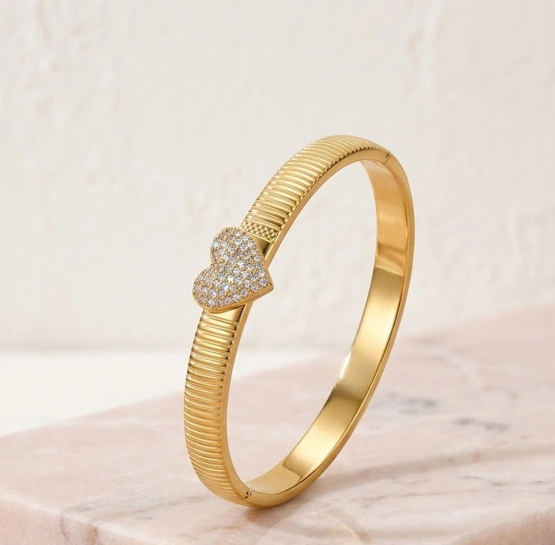 Gold Plated CZ Heart Bangle | Anti Tarnish Korean Style Bracelet