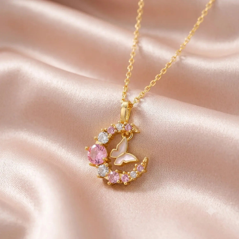 Crescent Moon & Butterfly Pendant Necklace - Anti Tarnish Gold Plated