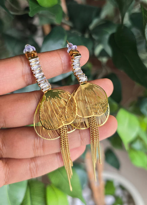 anti tarnish golden finish floral drop earrings with crystal studs