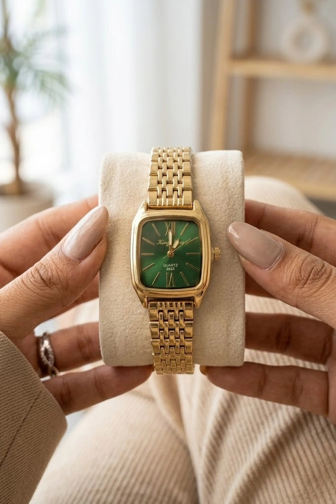 Emerald Green Vintage Square Watch - Anti Tarnish Gold Plated