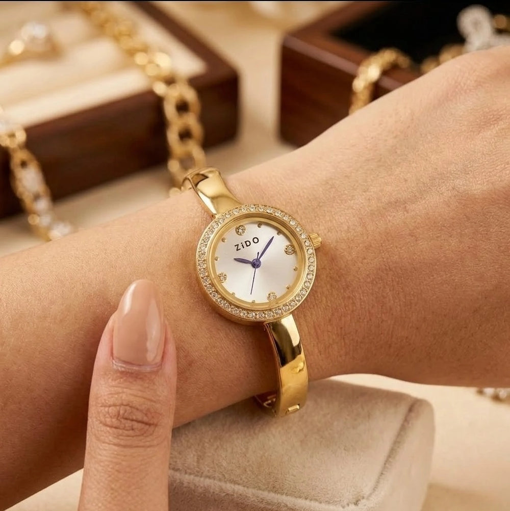 Elegant Crystal Bangle Watch - Anti-Tarnish Gold Plated