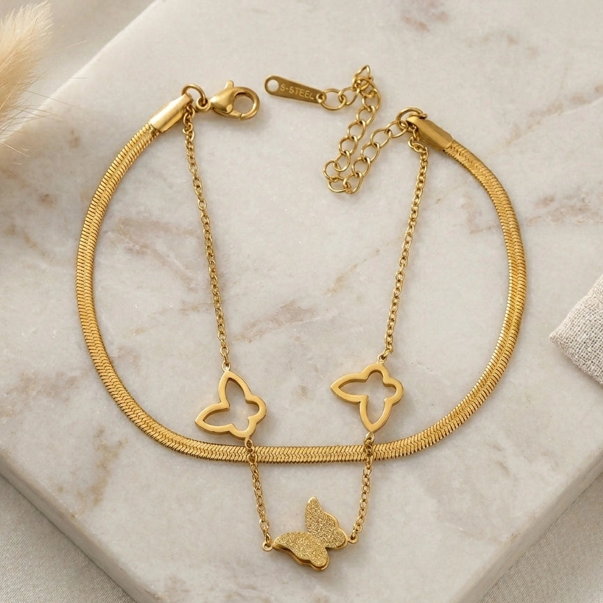 Korean Style Double Layer Butterfly Bracelet | Anti-Tarnish Gold Plated