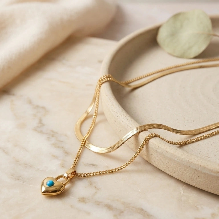 Layered Heart Lock Pendant Necklace | Anti-Tarnish Gold Plated