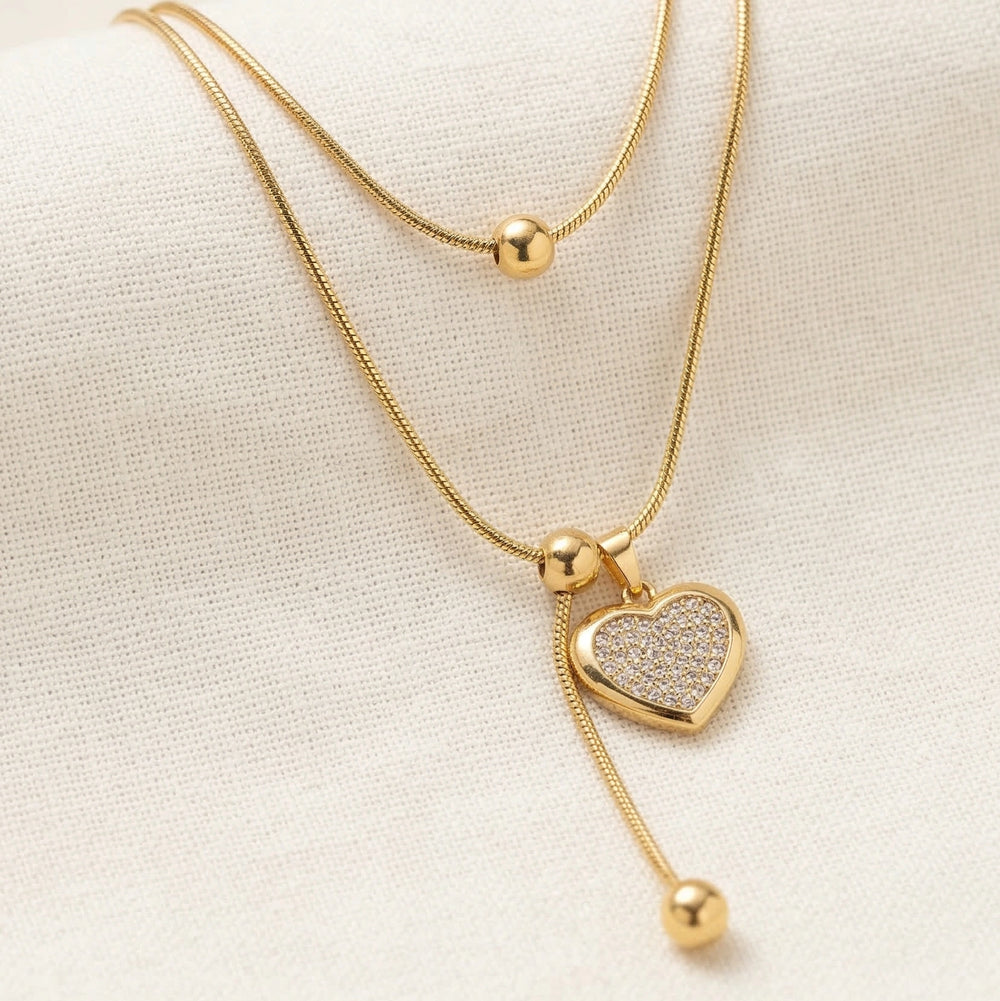 Anti-Tarnish Layered Heart Pendant Necklace | Gold Plated Snake Chain