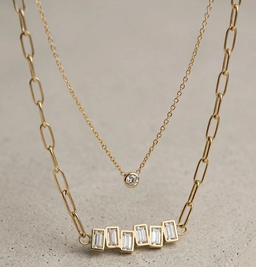 Layered Baguette & Solitaire Paperclip Necklace - Anti Tarnish