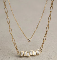 Layered Baguette & Solitaire Paperclip Necklace - Anti Tarnish