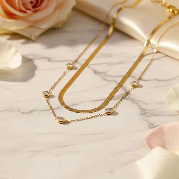Anti-tarnish double layer gold plated necklace with snake chain and zircon stones for women