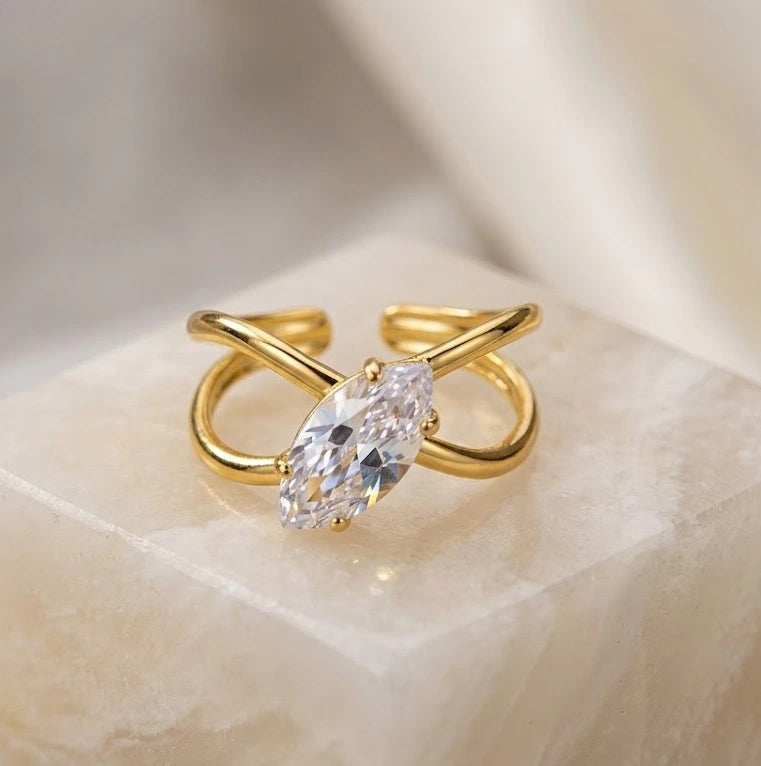 Anti-Tarnish Marquise Cut Gold Plated Adjustable Ring | Criss-Cross Open Design