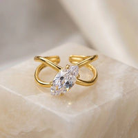Anti-Tarnish Marquise Cut Gold Plated Adjustable Ring | Criss-Cross Open Design