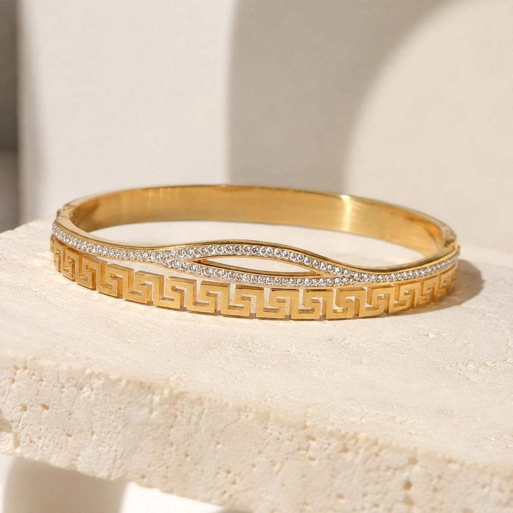 Greek Key Zirconia Gold-Plated Bangle | Anti-Tarnish Minimalist Bracelet