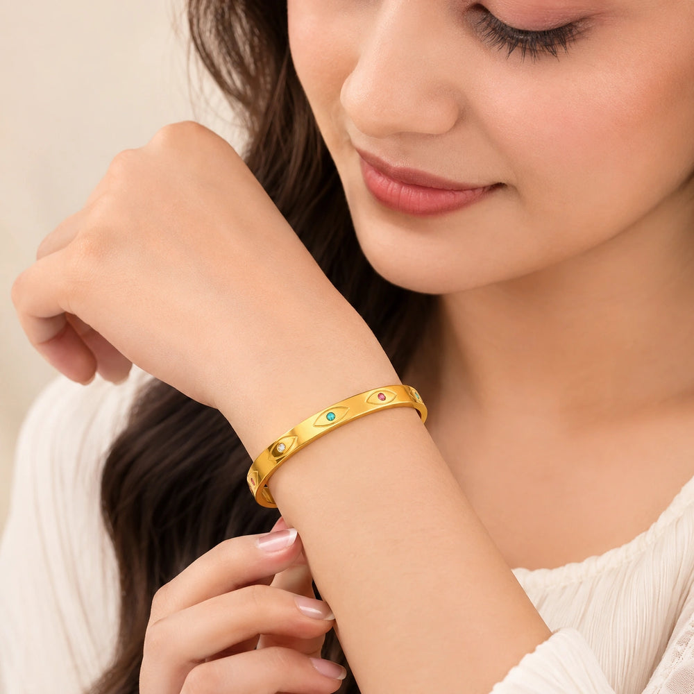 Evil Eye Multi-Stone Gold Plated Bangle | Anti-Tarnish Minimalist Bracelet