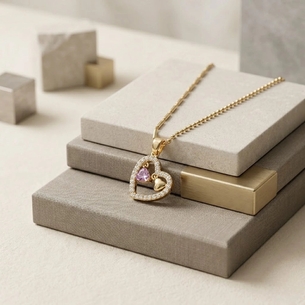 Purple Crystal Heart Pendant | Anti-Tarnish Gold Plated Necklace