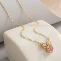 Pink Heart & Crystal Bow Pendant Necklace | Anti-Tarnish Gold Plated
