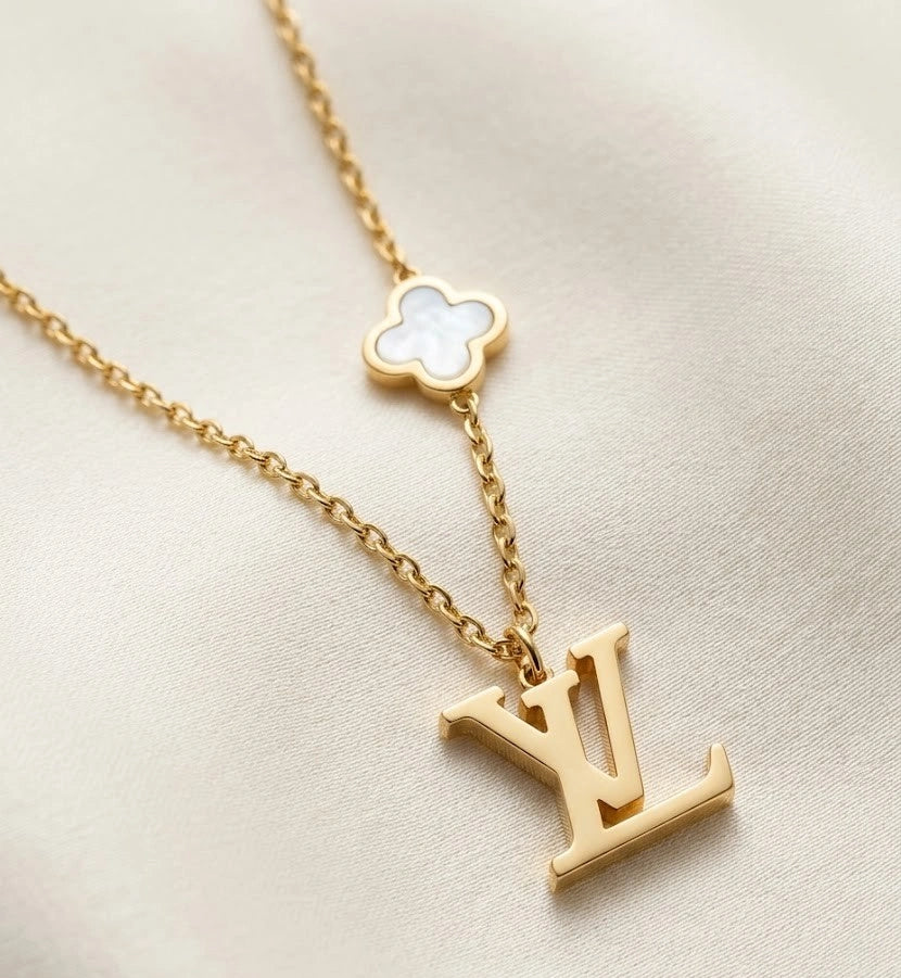 Designer Inspired Monogram Necklace with Clover Charm | Anti-Tarnish Gold Plated