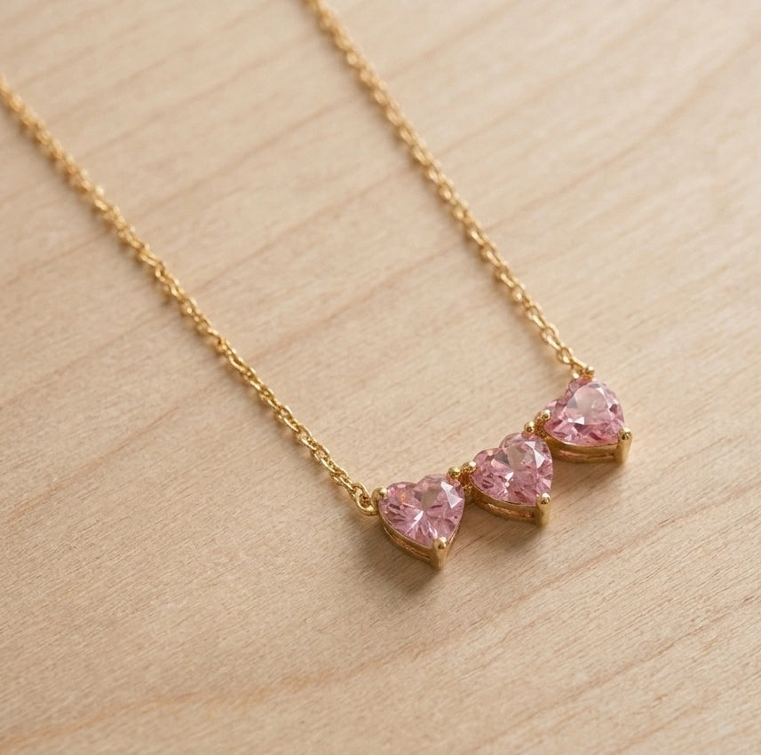 Triple Pink Heart Anti-Tarnish Gold Plated Necklace for Women