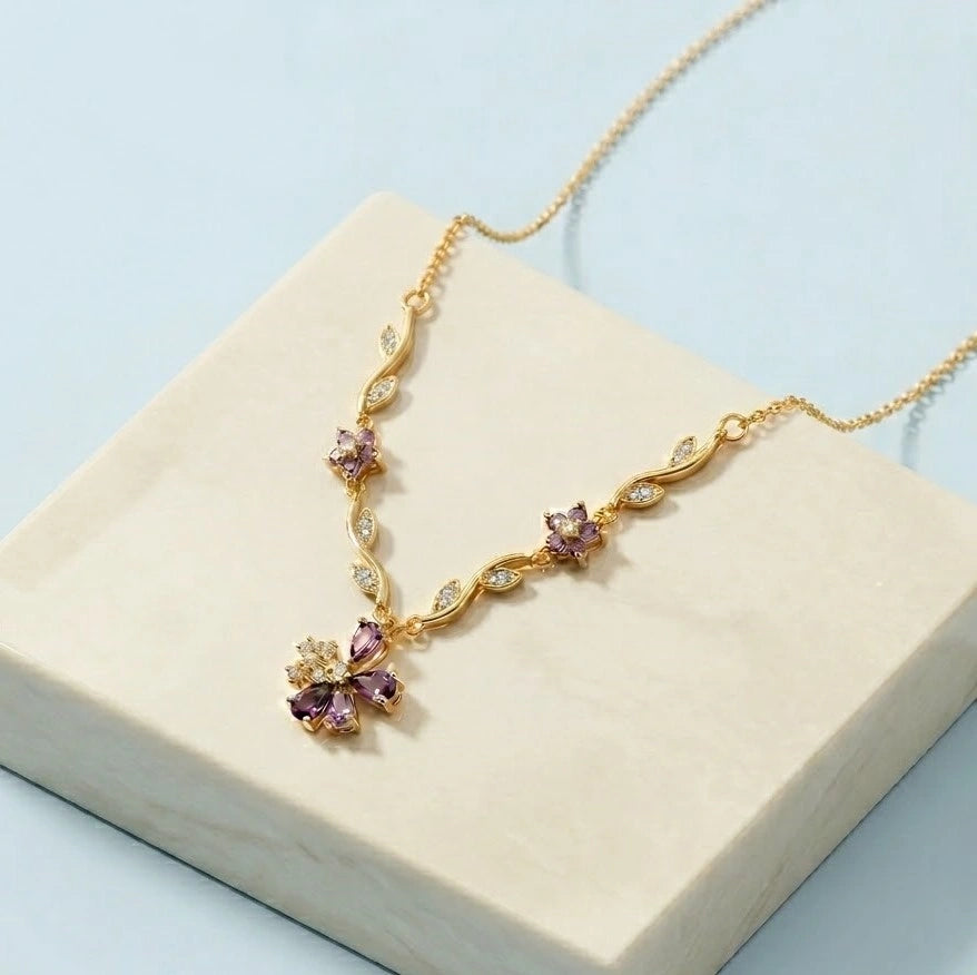 Elegant Amethyst Floral Vine Necklace | Anti-Tarnish Gold Plated Pendant-Tulip