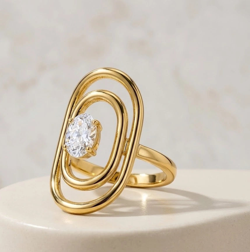 Geometric Double Oval Solitaire Ring - Anti-Tarnish Fashion Jewelry