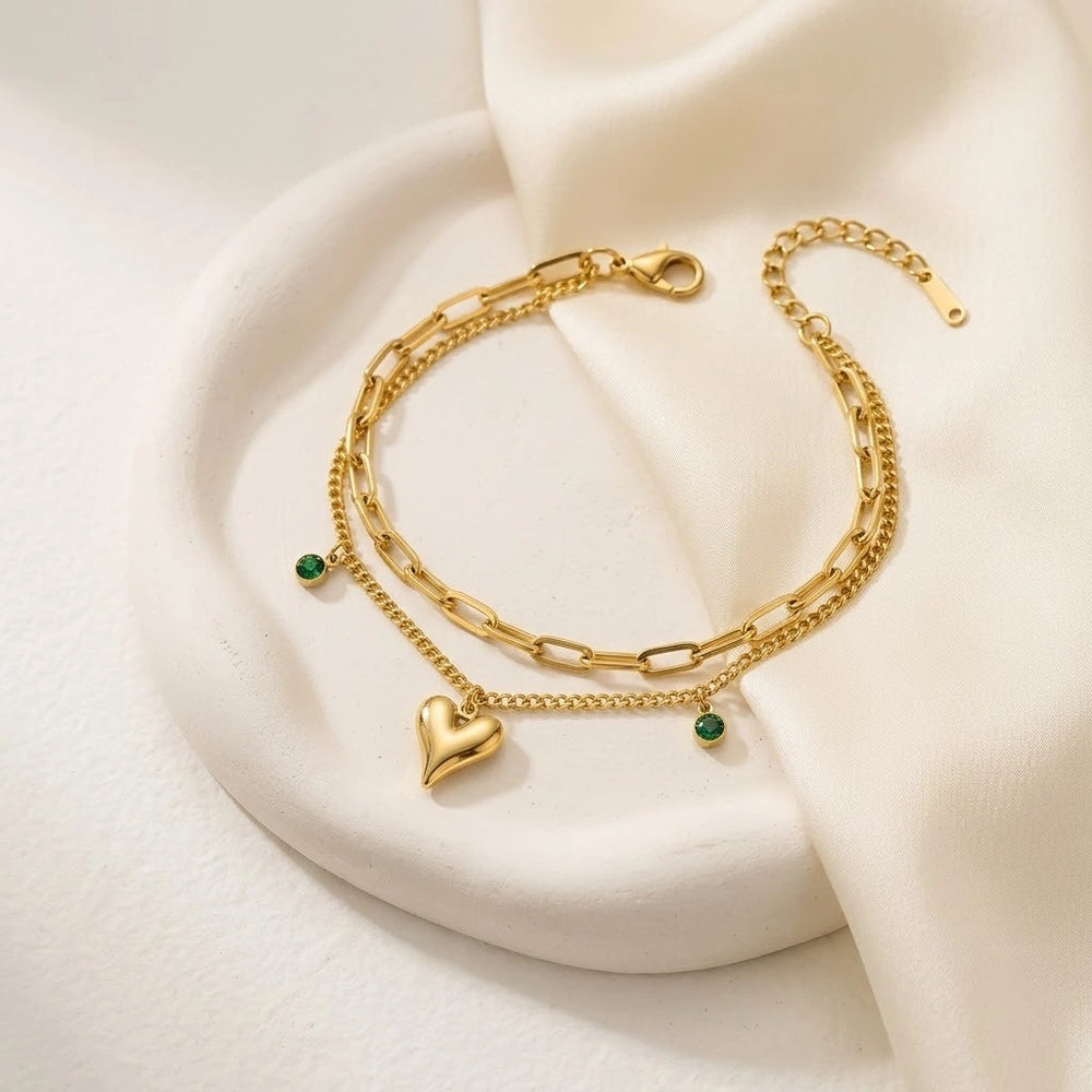Emerald Heart Double Layered Anti Tarnish Gold Plated Bracelet for Women