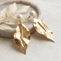 Pearl Drop Textured Leaf Gold Plated Earrings - Anti Tarnish