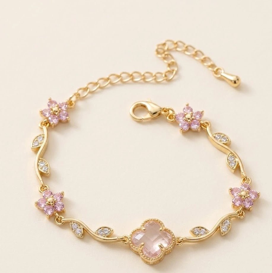 Tulip Pink Blossom Flower Crystal Anti Tarnish Gold Plated Bracelet