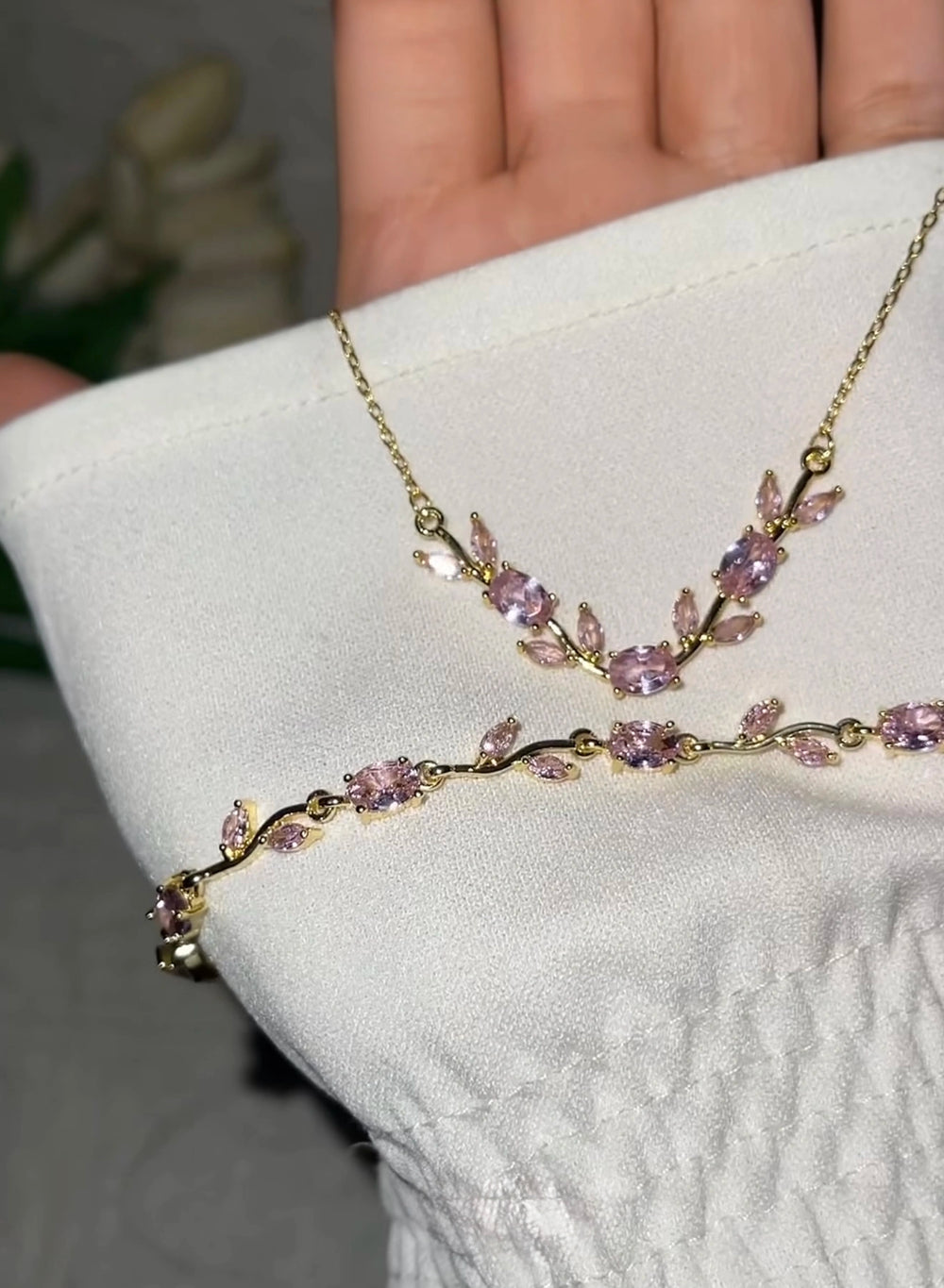 Anti-Tarnish Pink Floral Vine Necklace & Bracelet Set | High Quality Gold Plated Combo