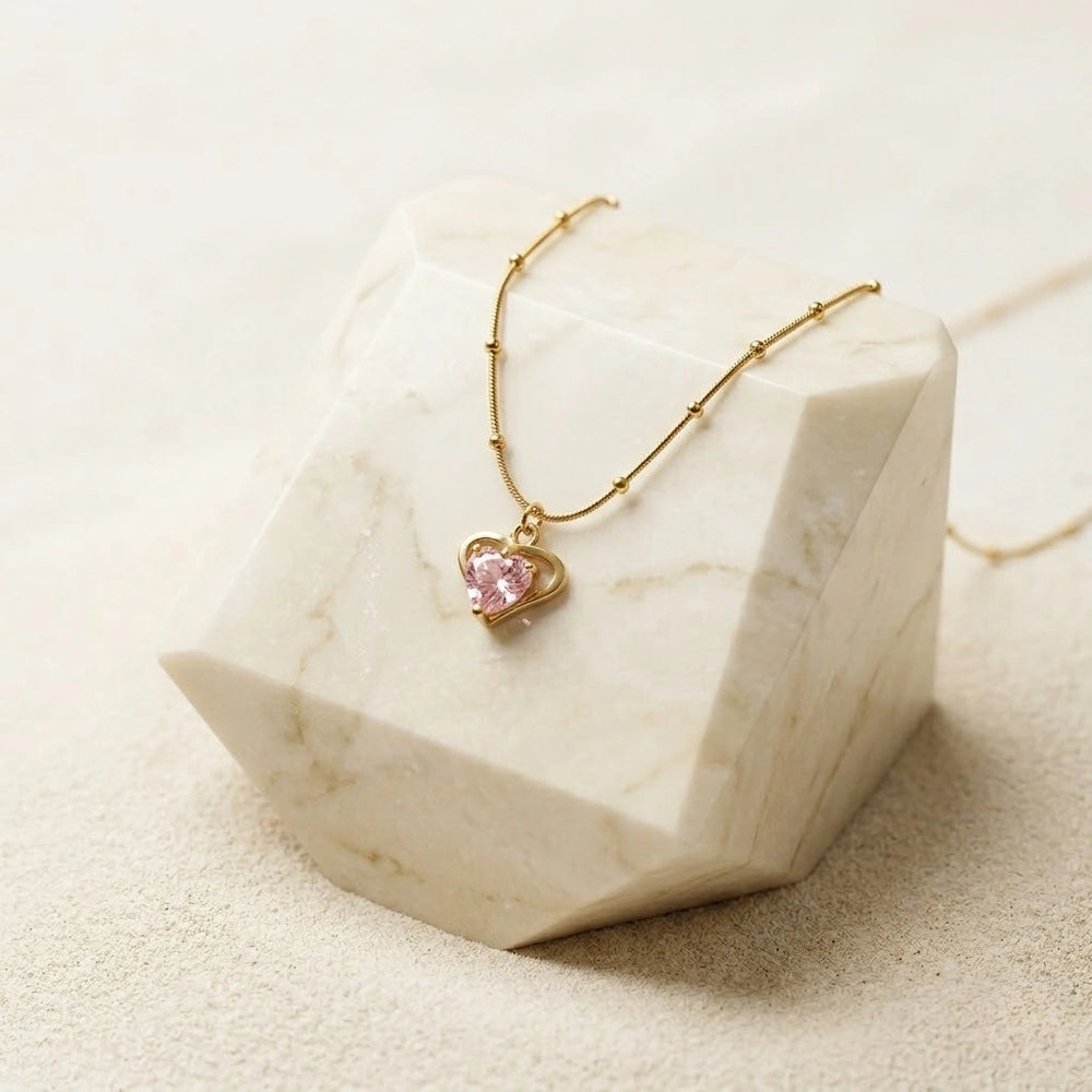 Pink Heart Pendant Necklace - Anti-Tarnish Gold Plated