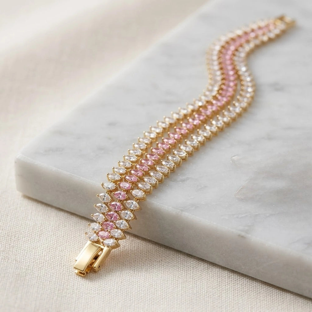 Anti-Tarnish Pink & White Stone Tennis Bracelet - Gold-Plated