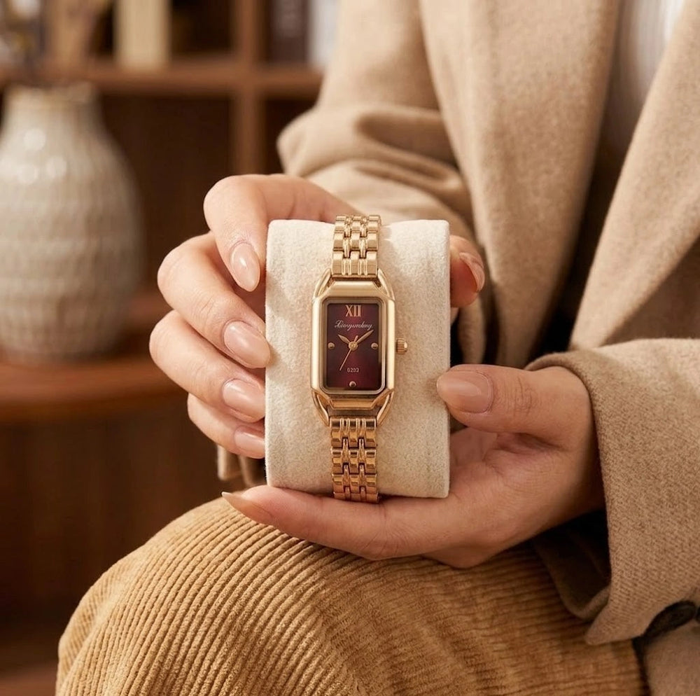Elegant Maroon Rectangular Dial Women's Watch - Anti-Tarnish Gold Plated Accessory
