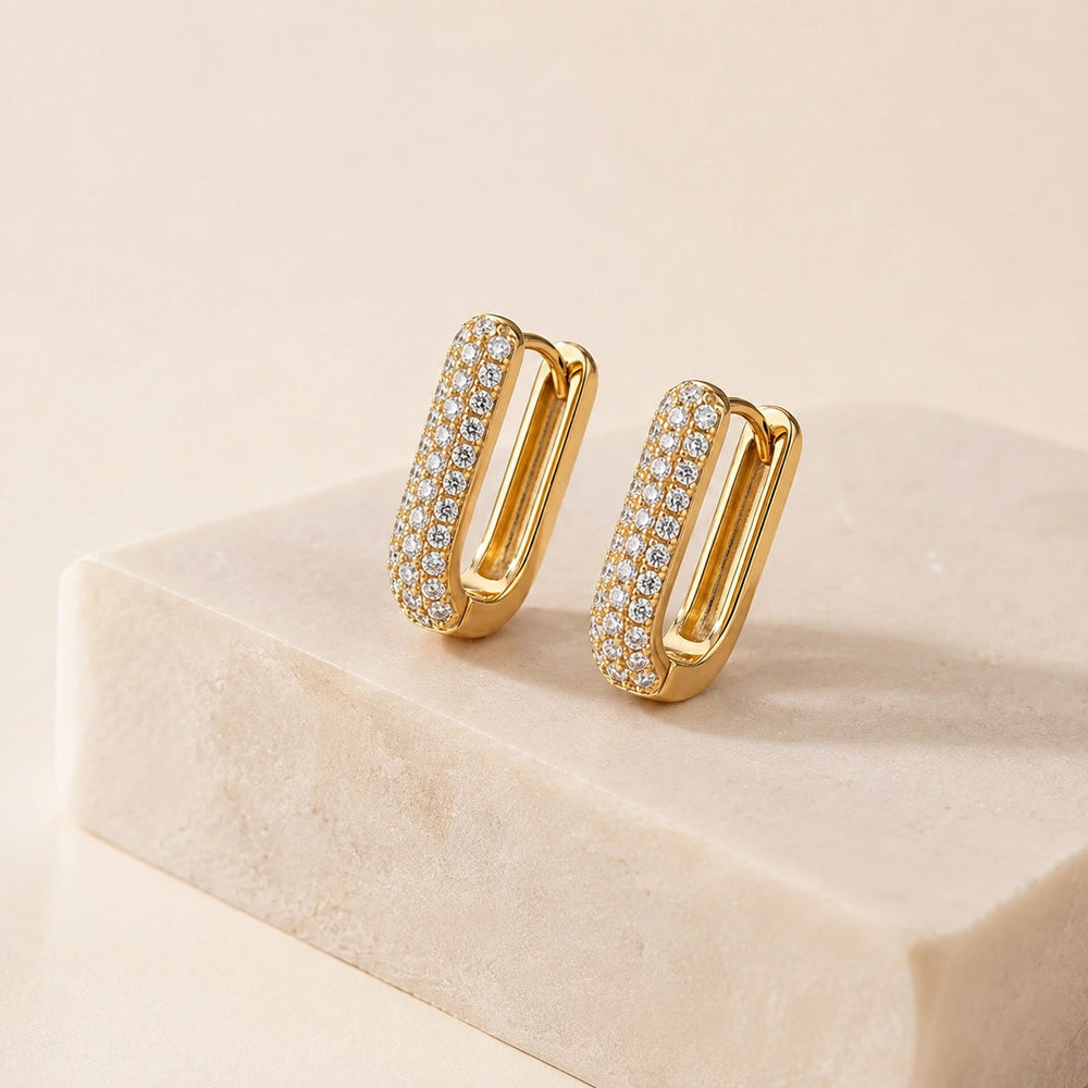 Pave Rectangular Hoop Earrings - Anti Tarnish Gold Plated