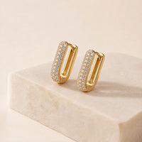 Pave Rectangular Hoop Earrings - Anti Tarnish Gold Plated
