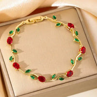 Elegant Floral Vine Red & Green Stone Gold-Plated Jewelry Set