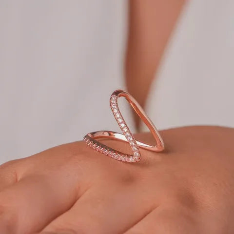 Chevron V-Shape Stackable Ring - Anti-Tarnish Rose Gold Plated with CZ Stones