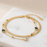 Double Layered Snake Chain Bracelet with Blue Heart Charms - Anti Tarnish