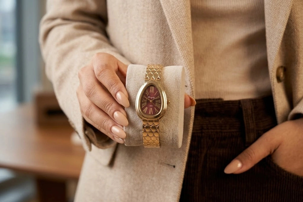 The Serpentine Aesthetic Anti-Tarnish Gold Plated Watch | Burgundy Dial