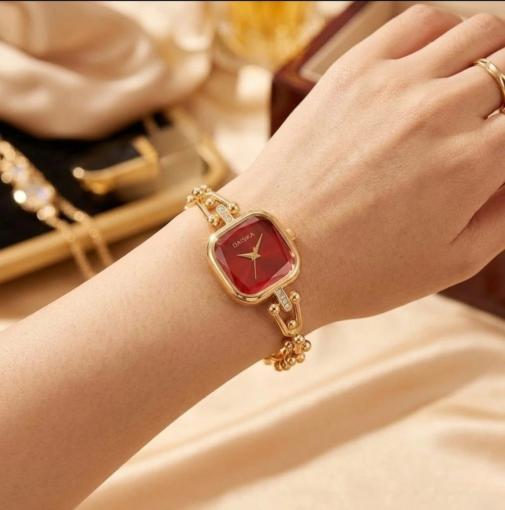 Square Red Dial Minimalist Wrist Watch - Anti-Tarnish Gold Plated