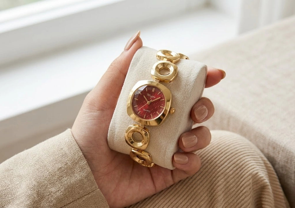 Vintage Geometric Chain Anti-Tarnish Gold Plated Watch with Maroon Dial