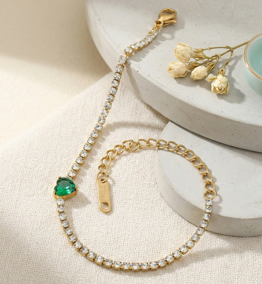 Emerald Green Heart Tennis Bracelet - Anti-Tarnish Gold Plated