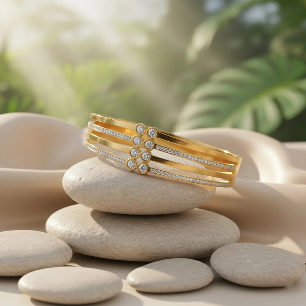 Triple Layer Crystal Studded Bangle - Anti-Tarnish Gold Plated Geometric Cuff Bracelet