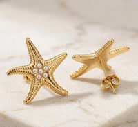 Starfish Pearl Stud Earrings - Anti Tarnish Golden Finish