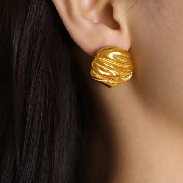 Textured Chunky Gold Plated Stud Earrings - Anti Tarnish