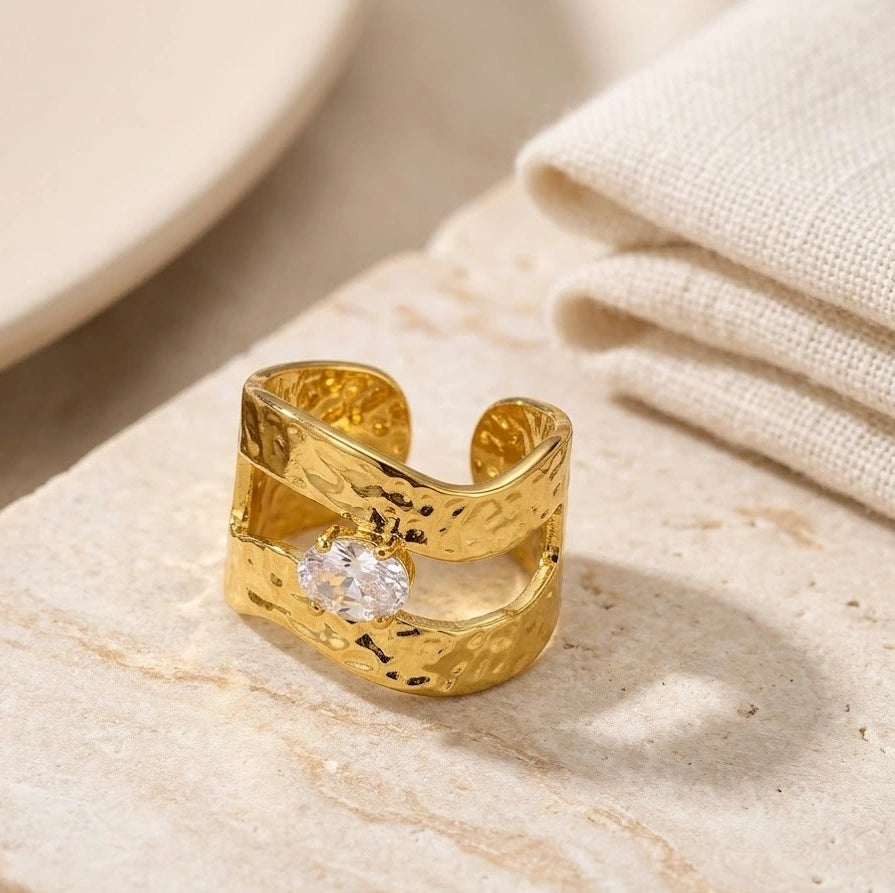Hammered Double Band Adjustable Ring with Oval Stone | Anti-Tarnish Fashion Jewelry