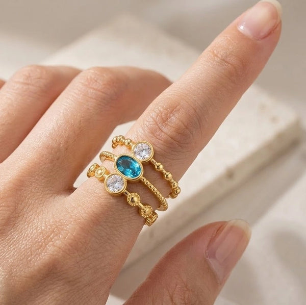Anti-Tarnish Triple Band Blue Stone Ring | Gold Plated Adjustable Stacking Ring
