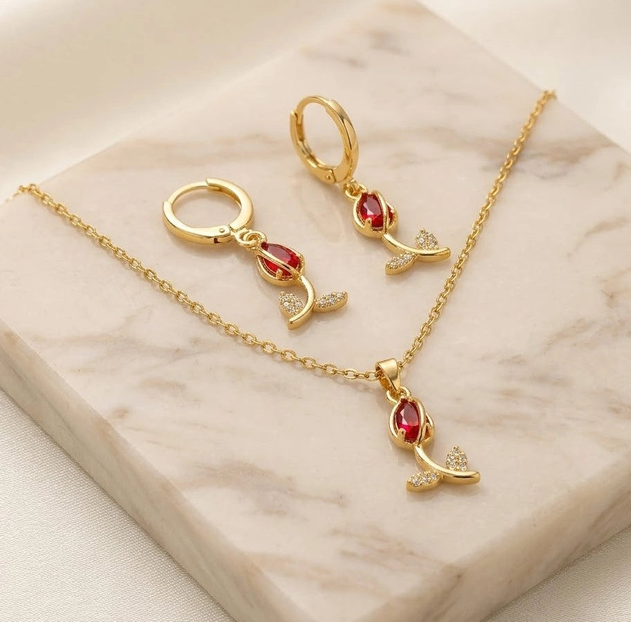 Red Tulip Necklace and Earring Set - Anti-Tarnish Floral Jewelry Combo
